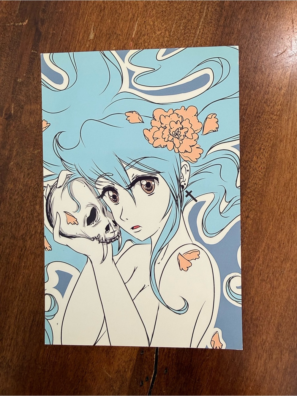 Blue Floral Anime Art Print with Skull Accent by Joshua Mizusawa